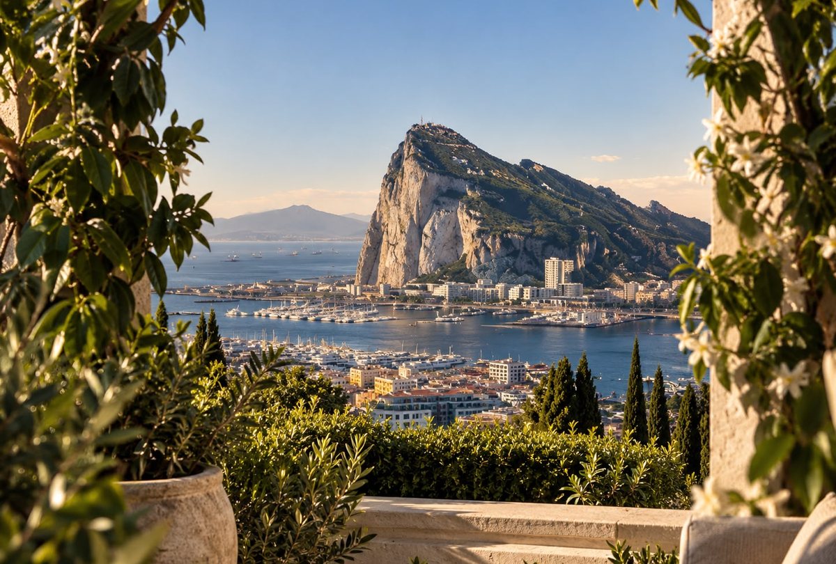 Terrace overlooking the Rock of Gibraltar and the marina
